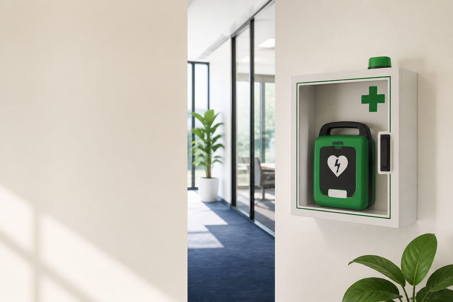 Real AED equipment mounted in a clean professional workplace, grounding the safety proposition